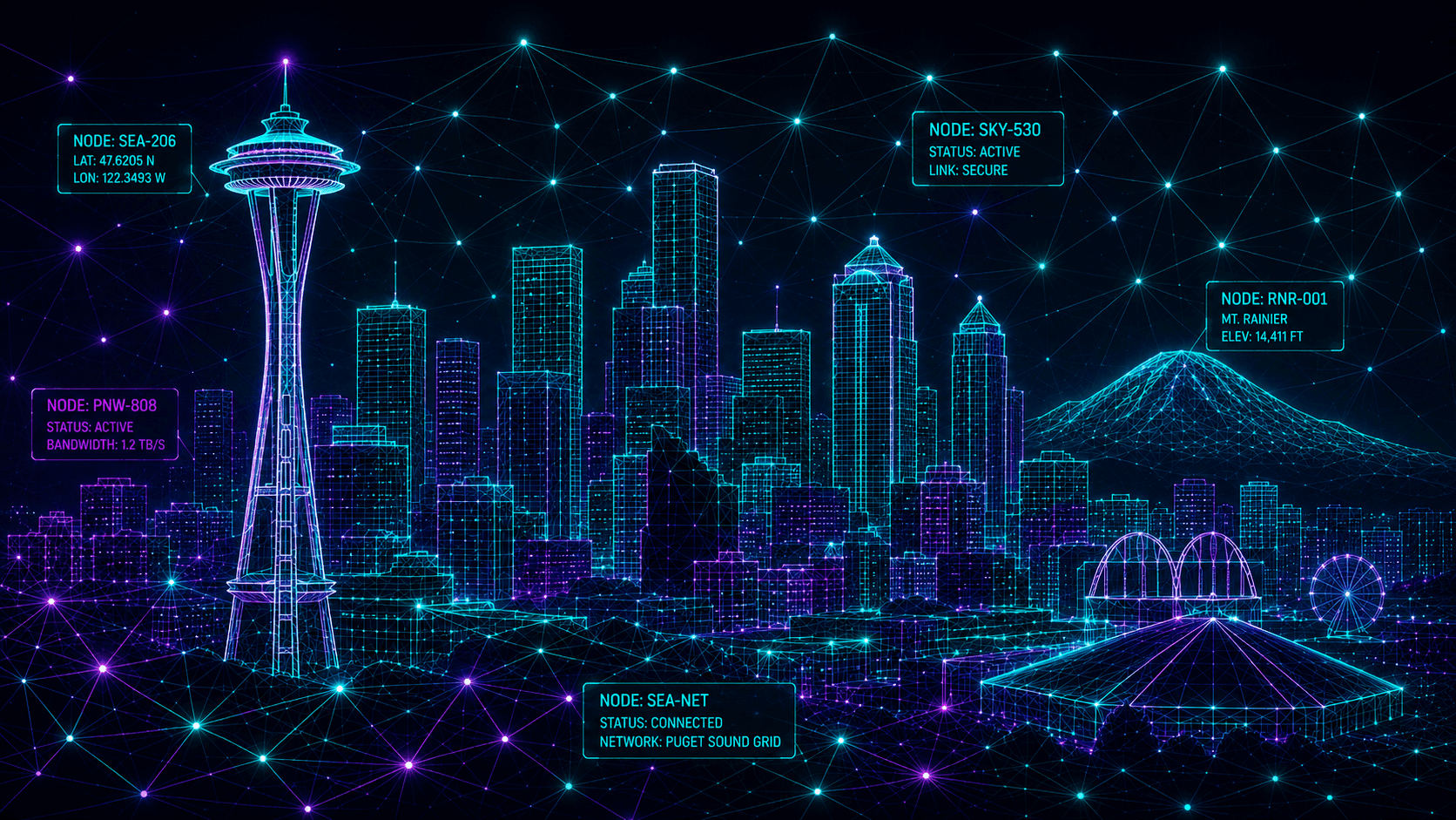 Futuristic Neon Wireframe of the Seattle Skyline